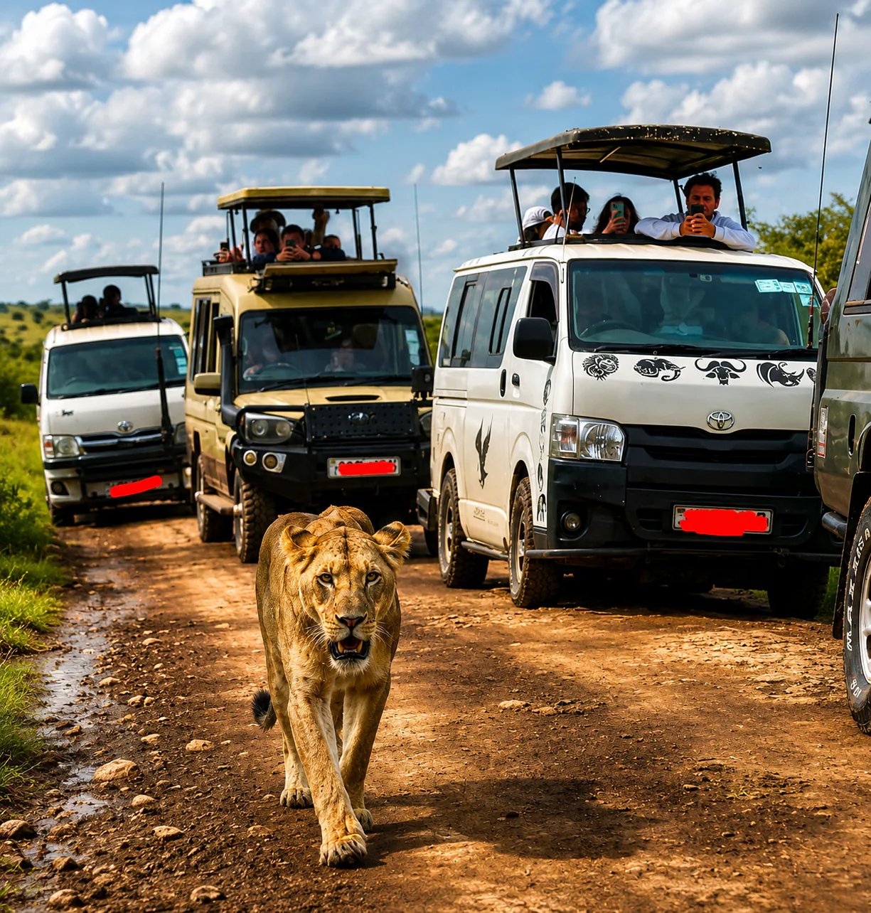 Lioness walking past a line of safari vehicles